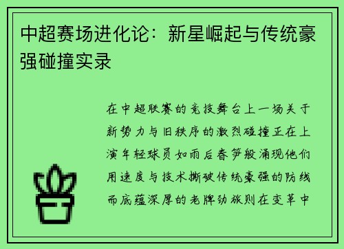 中超赛场进化论：新星崛起与传统豪强碰撞实录